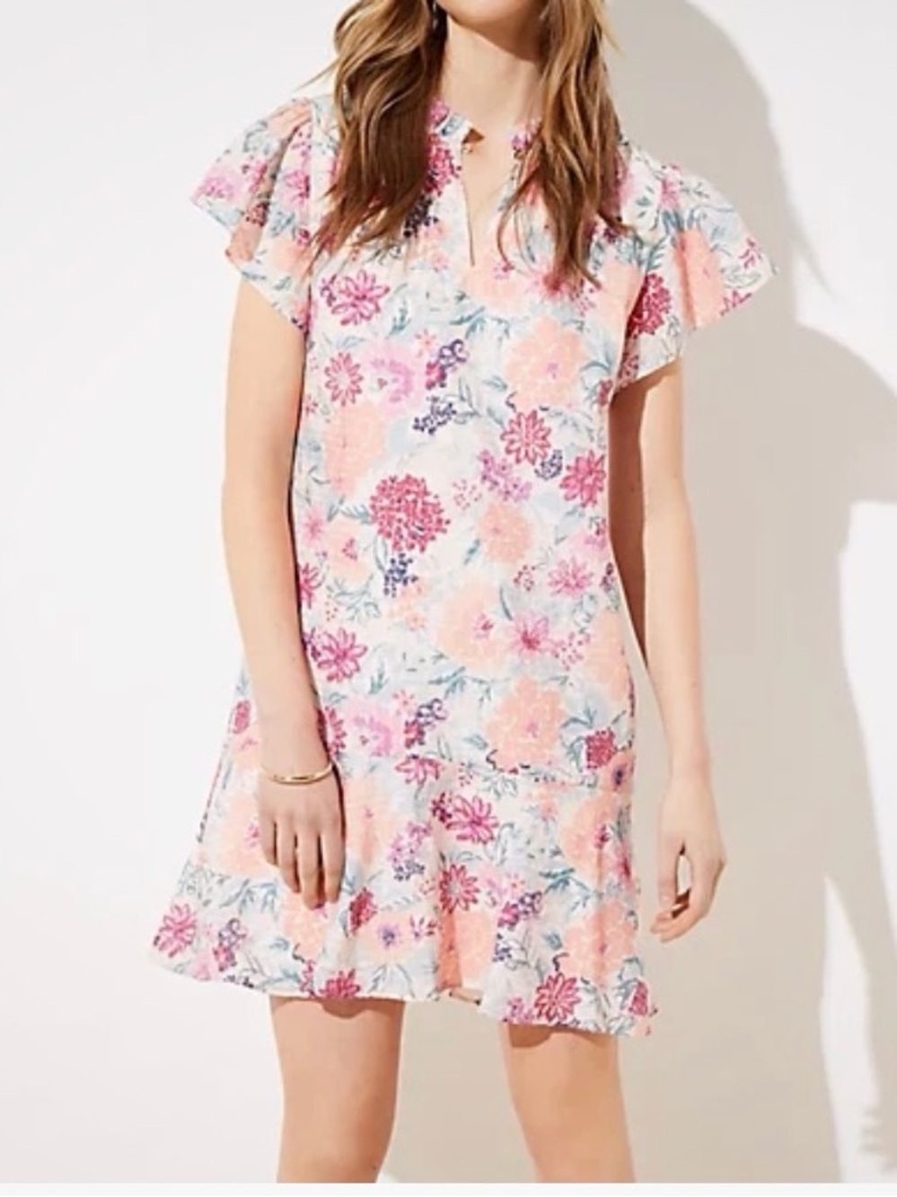 LOFT Peach Pink Green Floral Midi Dress